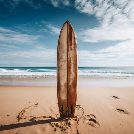 Surfboard and palm trees on sunset beach background. Travel adventure and water sport. relaxation and summer vacation concept. vintage color tone image.の素材
