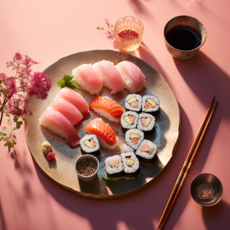 Assorted sushi, rolls and maki big set on color background A variety of Japanese sushi with tuna, crab, salmon, eel and rolls. Top viewの素材