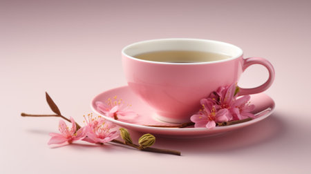 A cup of tea and flowers on pink background. For drinking advertisingの素材