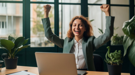 Joyful business woman freelancer entrepreneur smiling and rejoices in victory while sitting at desk and working at laptop after finishing project in home officeの素材