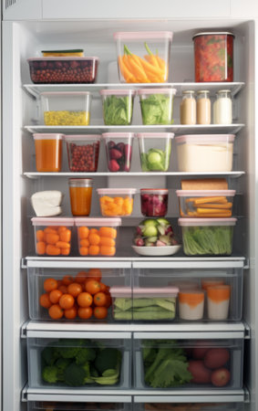 clean fridge with organized storage containers close upの素材