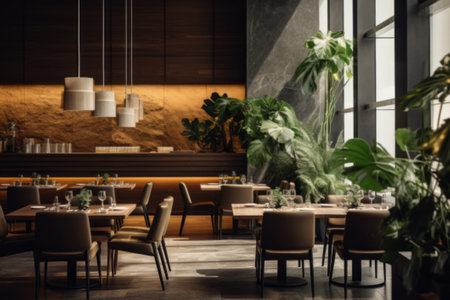 View of stylish empty cafe with arranged tables and chairs for visitors, selective focusの素材