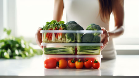 Woman holding plastic containers with fruits and vegetables. Raw vegetables for freezing for winter storage in trays.の素材