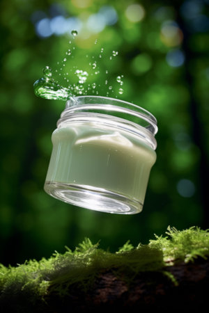 Green cosmetics, jar of cosmetic moisturizer cream on nature background. Organic natural ingredients beauty product among green plants. Skin care, beauty and spa product presentation, copy space.の素材