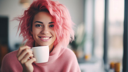 Beautiful young woman with pink hair drinking coffee and looking through window while sitting at windowsill at homeの素材
