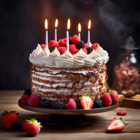Birthday party decorated cake with candles and sparklesの素材