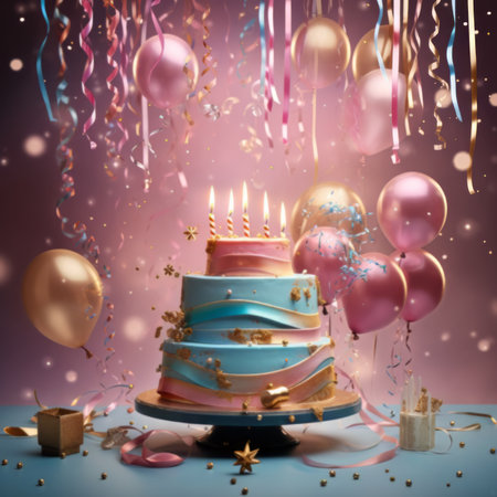 birthday cake with candles and balloons on purple backgroundの素材
