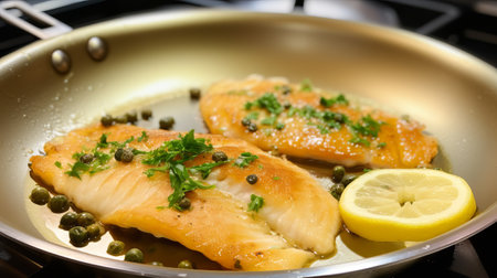 Sole Meuni re being prepared in a frying pan with butter, capers, and lemon, food photographyの素材