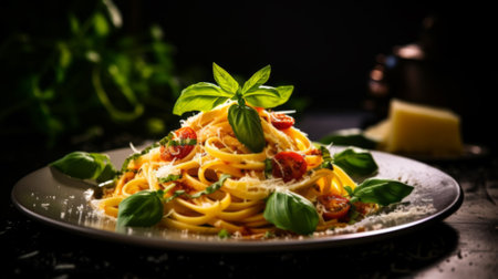 Pasta Carbonara with bacon and Parmesan on a plate with dark backgroundの素材