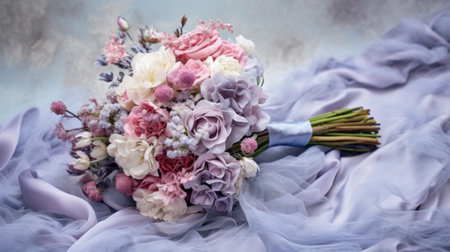 Bridal arrangement. Wedding flowers close-up. Decoration of roses, flowers and ornamental plants, close-up, selective focus, nobody, objects. luxury bouquet of pastel color flowersの素材