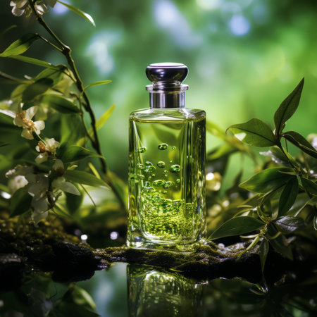 Cosmetic bottle mockup on natural green outdoors botanical background with plants, flowers and wooden elements, beauty product container commercial branding ready templateの素材