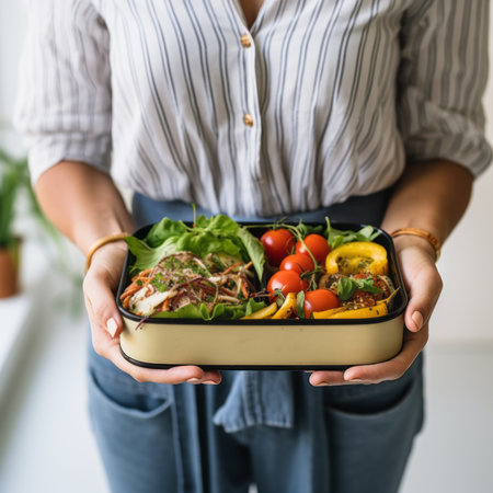 A lifestyle shot of a woman holding container filled with nutritious and portioned meal, Healthy food to go or delivery conceptの素材