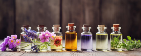 Bottle of essential oil and colorful wild flowers on wooden background bannerの素材