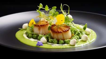 Delicious scallops with pea and mint puree, topped with crispy fried shallots and microgreens, fine dining conceptの素材