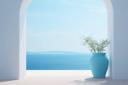 House with white Mediterranean walls with the sea in the backgroundの素材