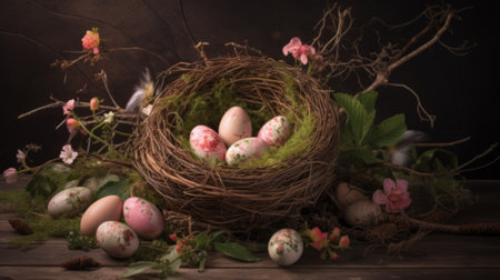 easter eggs on the nest on a dark background, artistic vintage Easter conceptの素材