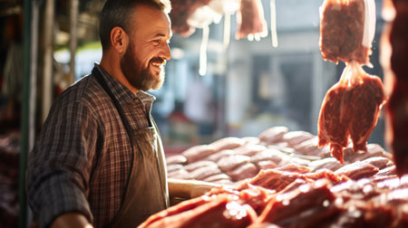 Smiling butcher sales fresh beef meat in store, happy successful meat dealer offers customers an assortment of meat in butcher store, beef meat supplies discountsの素材