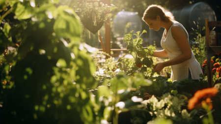 Woman enjoying flowers in her garden at sunrise, wonderful garden on a sunny dayの素材