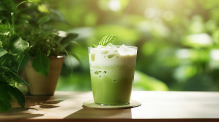 Blended green smoothie with ingredients on wooden table, detox and dietの素材