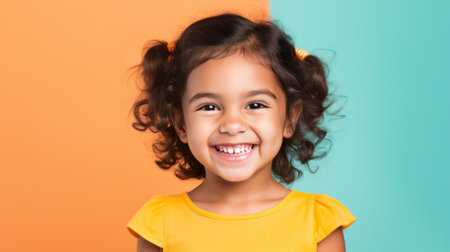 Studio portrait of a cheerful girl laughing at the camera on a colorful backgroundの素材