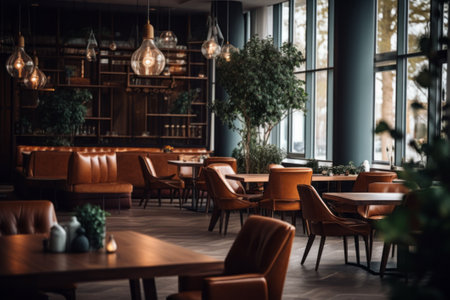 View of stylish empty cafe with arranged tables and chairs for visitors, selective focusの素材