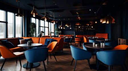 Interior of cozy restaurant. Contemporary design in loft style, modern dining place and bar counter, copy spaceの素材