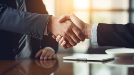 Foto de successful negotiate and handshake concept, two businessman shake hand with partner to celebration partnership and teamwork, business deal - Imagen libre de derechos