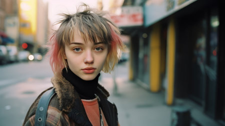 teenager girl with pink hair on the street.の素材