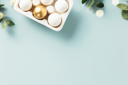 Happy Easter concept with golden table setting, easter eggs, feathers and spring flowers.の写真素材