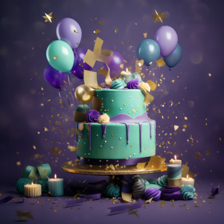 birthday cake with candles and balloons on purple backgroundの素材