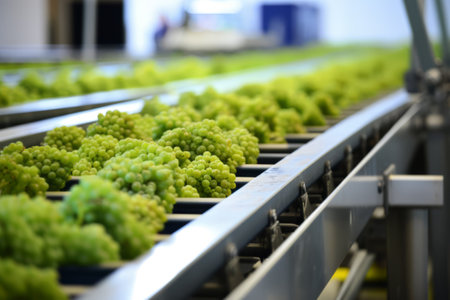 Red grapes on a conveyor belt in a wine factoryの素材