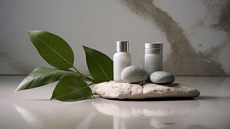 Set of natural cosmetic on a stone among the leaves. The concept of natural plant cosmetics. Mockup.の素材