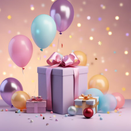 Colorful birthday or baby shower card with balloons and gifts, with space for textの素材