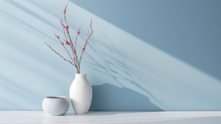 Blue wall and abstract plant. Minimal abstract background for product presentation. Spring and winterの素材