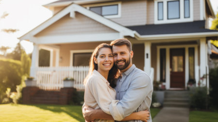 A happy couple stands smiling in the driveway of a new house. Real estate new home concept.の素材