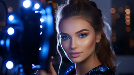 Young female influencer recording a candid video for social media, capturing her lifestyle and setting the latest trends, content creatorの素材