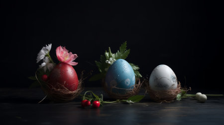 Easter eggs on dark background, Easter celebration concept.の素材