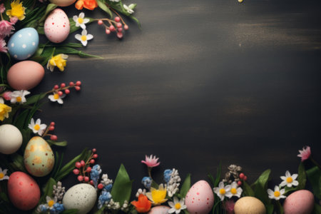 A festive Easter arrangement with painted eggs among vibrant spring bloomsの素材