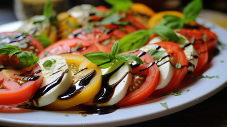 Italian caprese salad with sliced tomatoes, mozzarella cheese, basil, olive oil. Close upの素材