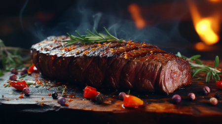 Grilled sliced Beef Steak on a wooden board close upの素材