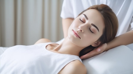 An image capturing the essence of relaxation with a woman receiving a soothing head massageの素材