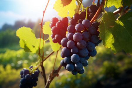 Dark Blue grapes in plantation. Ripe wine in vineyard, closeup. Purple grapevine in Vineyardsの素材