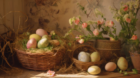 easter eggs on the nest on a dark background, artistic vintage Easter conceptの素材