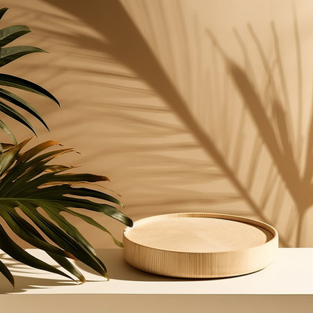 Pedestal for exhibition and tropical plant leaves shadows on wallの素材