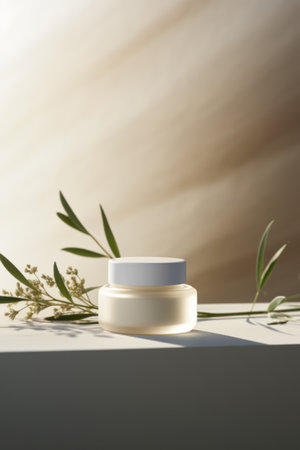Jar of cream with plant branches on beige background front view, minimalistic style mock up for designの素材