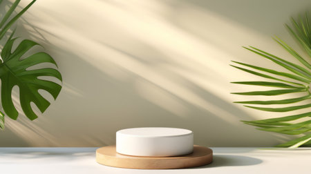 Pedestal for exhibition and tropical plant leaves shadows on wallの素材