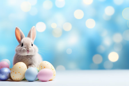 Cute Easter bunny surrounded by pastel-colored eggs against a bokeh backdropの素材