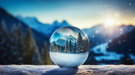 Winter landscape in a glass bowl with mountains in the backgroundの素材