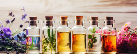 Bottle of essential oil and colorful wild flowers on wooden background bannerの素材