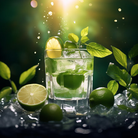 Fresh mojito cocktail with mint, lime and ice with tropical trees and plants on a dark mystical background.  Shot of drink in freeze motion, flying drops and berries. Summer cold drink and cocktail.の素材